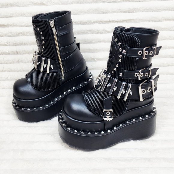 Stud & Skull Patch Black Matte Bear 150 Platform Ankle Boots Goth Punk Rave - Picture 9 of 15